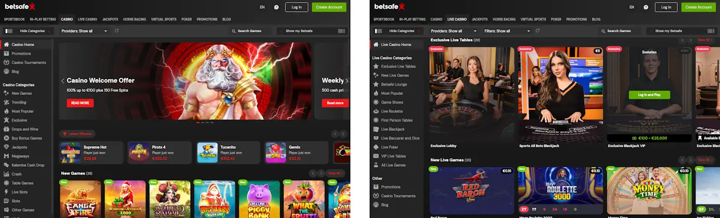 Betsafe Casino Games and Live Casino Games Screenshot